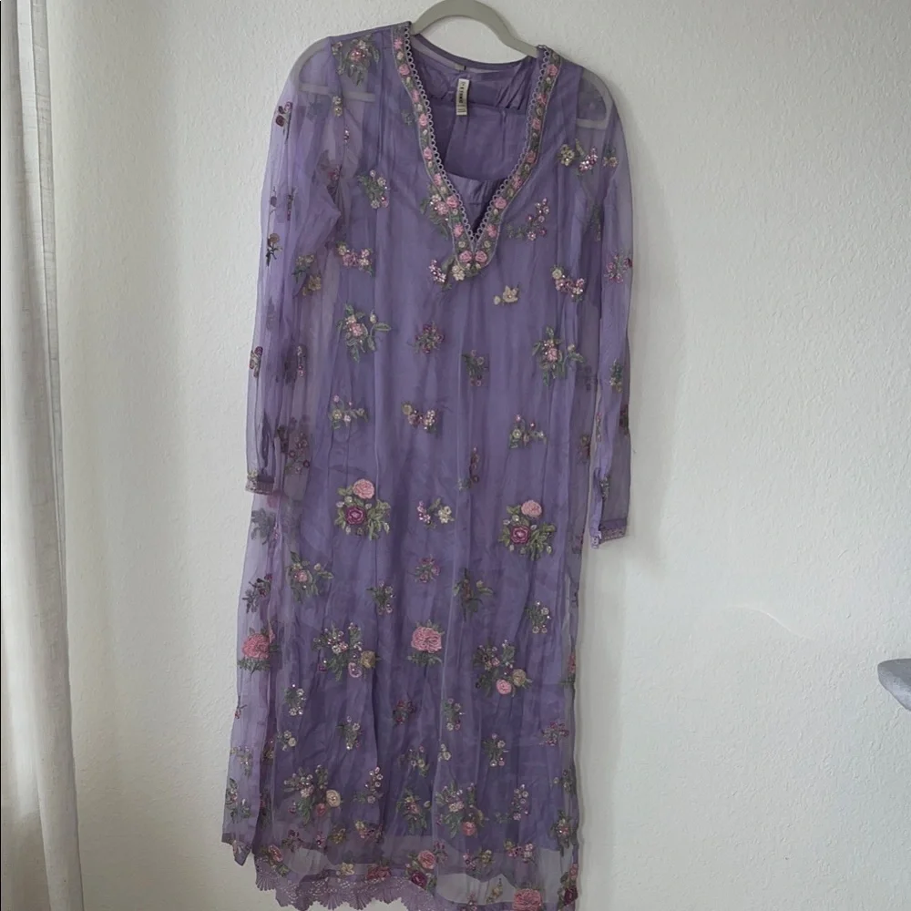 Ethnic Purple Floral Embroidered Sheer Women's Dress - Picture 1 of 6